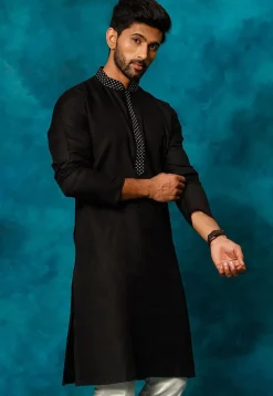 Embroidered Cotton Kurta Set in Black