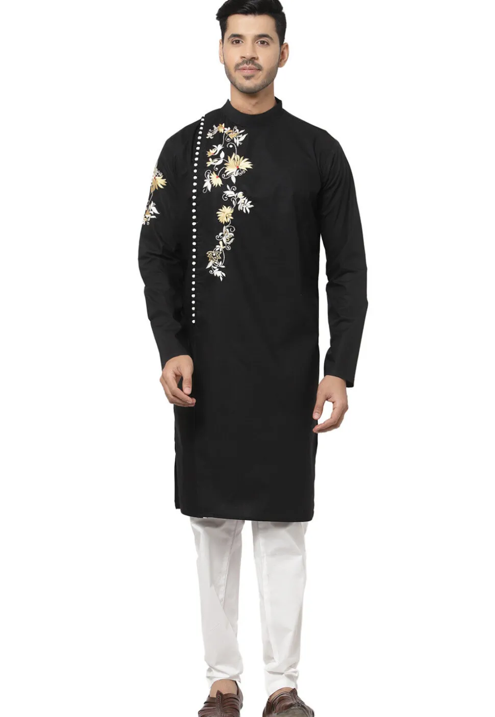 Embroidered Cotton Kurta Set in Black
