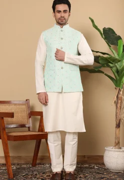 Embroidered Cotton Kurta Set in Off White and Sea Green