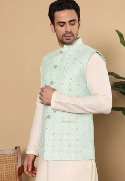 Embroidered Cotton Kurta Set in Off White and Sea Green