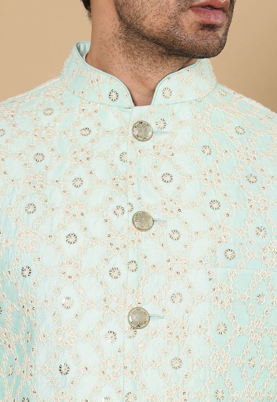 Embroidered Cotton Kurta Set in Off White and Sea Green