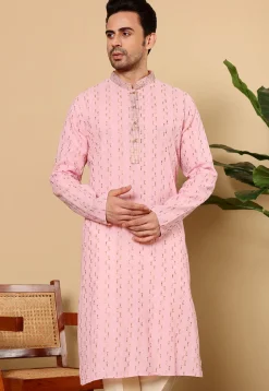Embroidered Cotton Kurta in Pink
