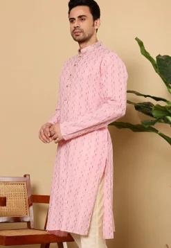 Embroidered Cotton Kurta in Pink