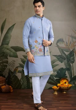 Embroidered Cotton Kurta with Jacket in Blue