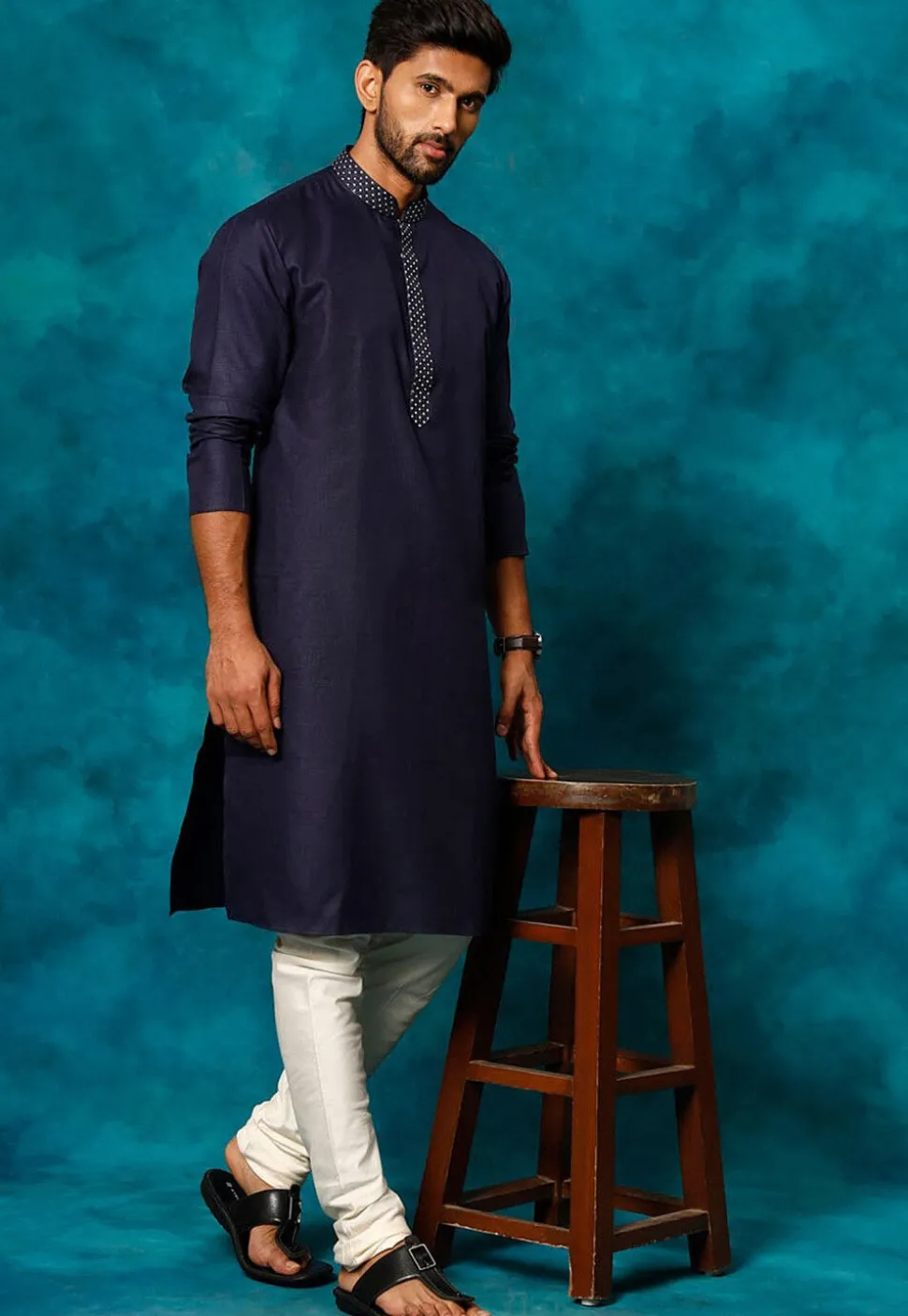 Embroidered Cotton Kurta Set in Navy Blue