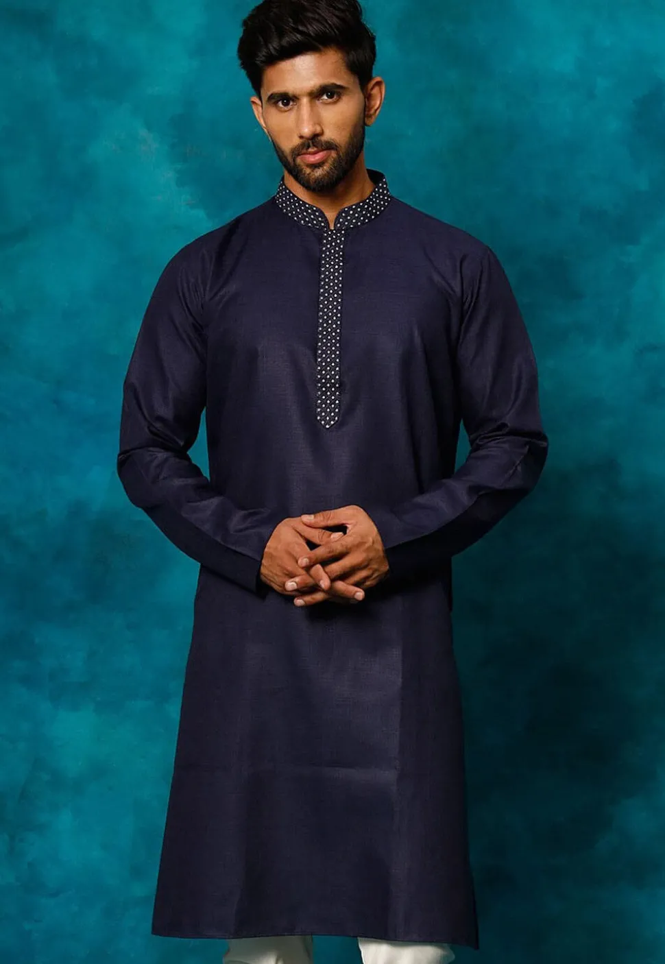 Embroidered Cotton Kurta Set in Navy Blue