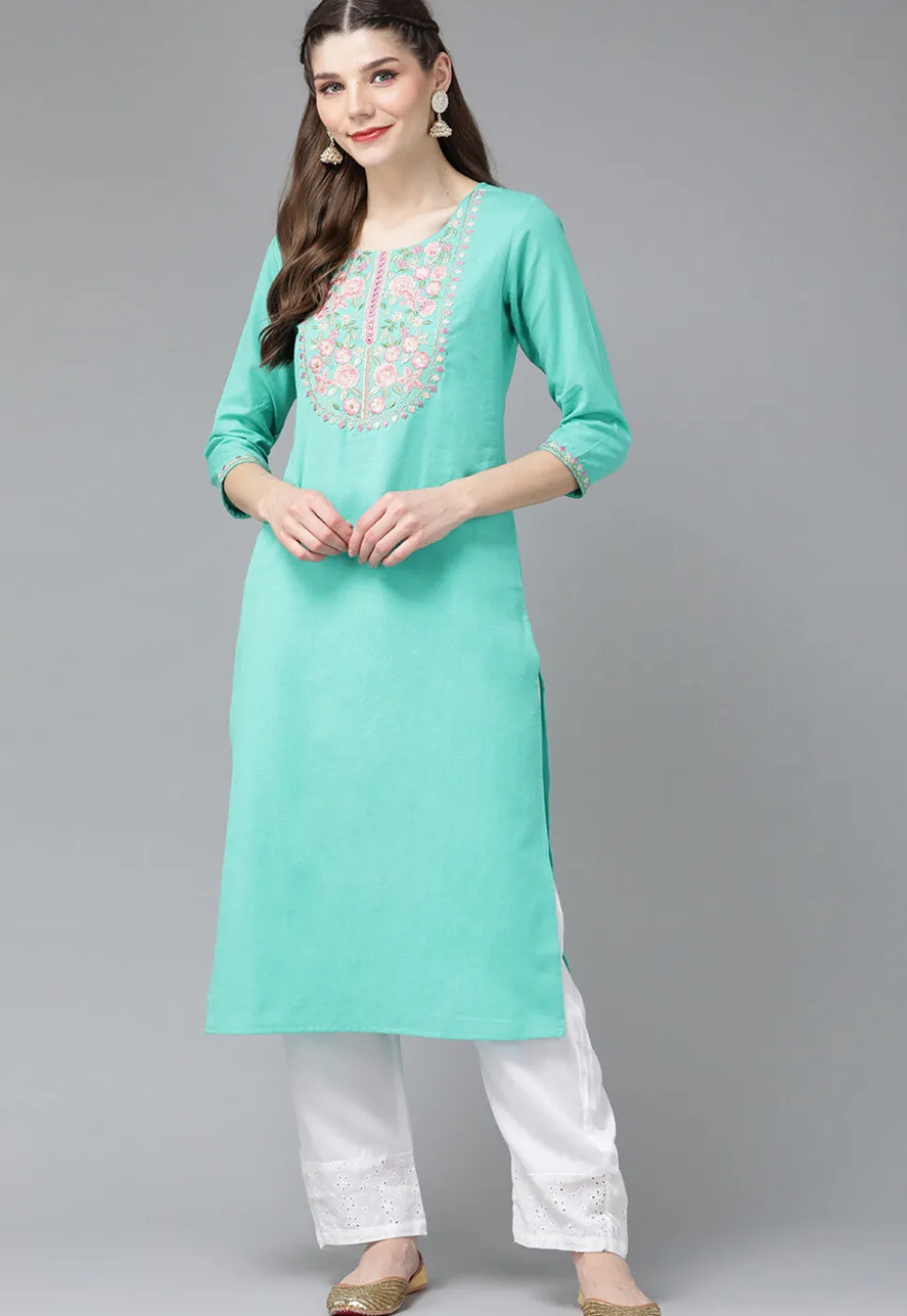 Embroidered Cotton Kurta in Sea Green