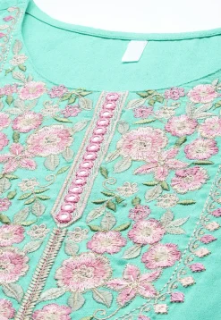 Embroidered Cotton Kurta in Sea Green