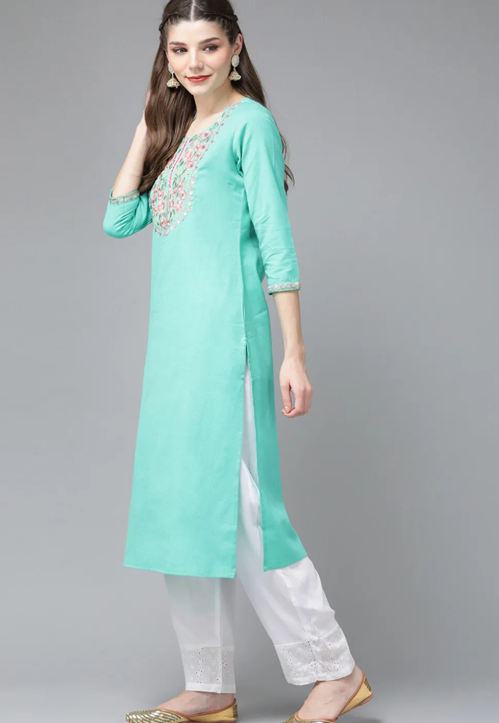 Embroidered Cotton Kurta in Sea Green