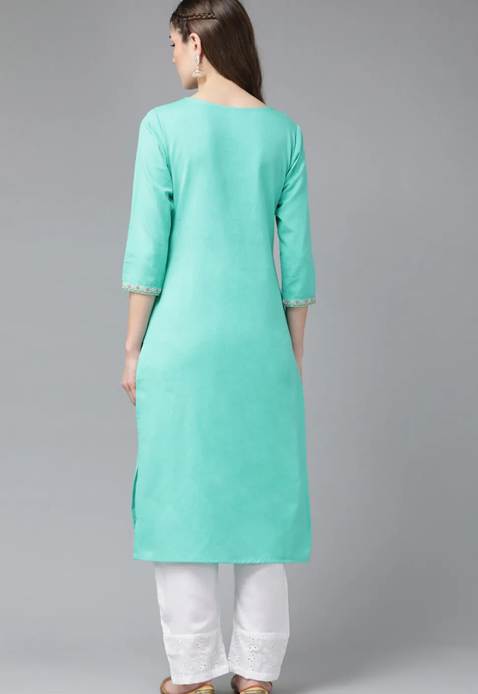 Embroidered Cotton Kurta in Sea Green