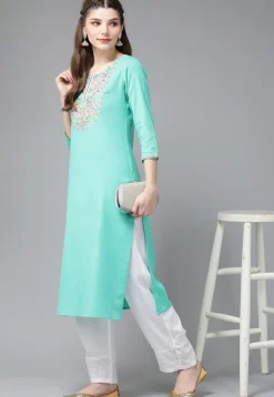 Embroidered Cotton Kurta in Sea Green