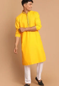 Embroidered Cotton Kurta Set in Yellow