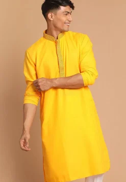 Embroidered Cotton Kurta Set in Yellow
