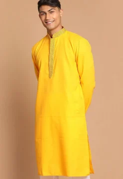 Embroidered Cotton Kurta Set in Yellow
