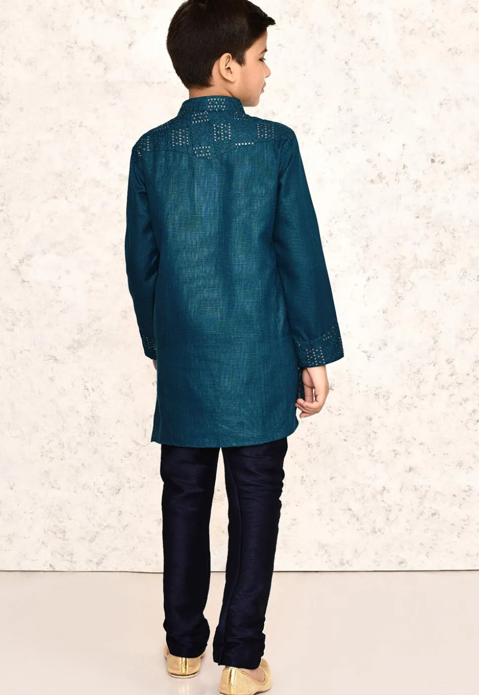 Embroidered Cotton Kurta Set in Teal Blue