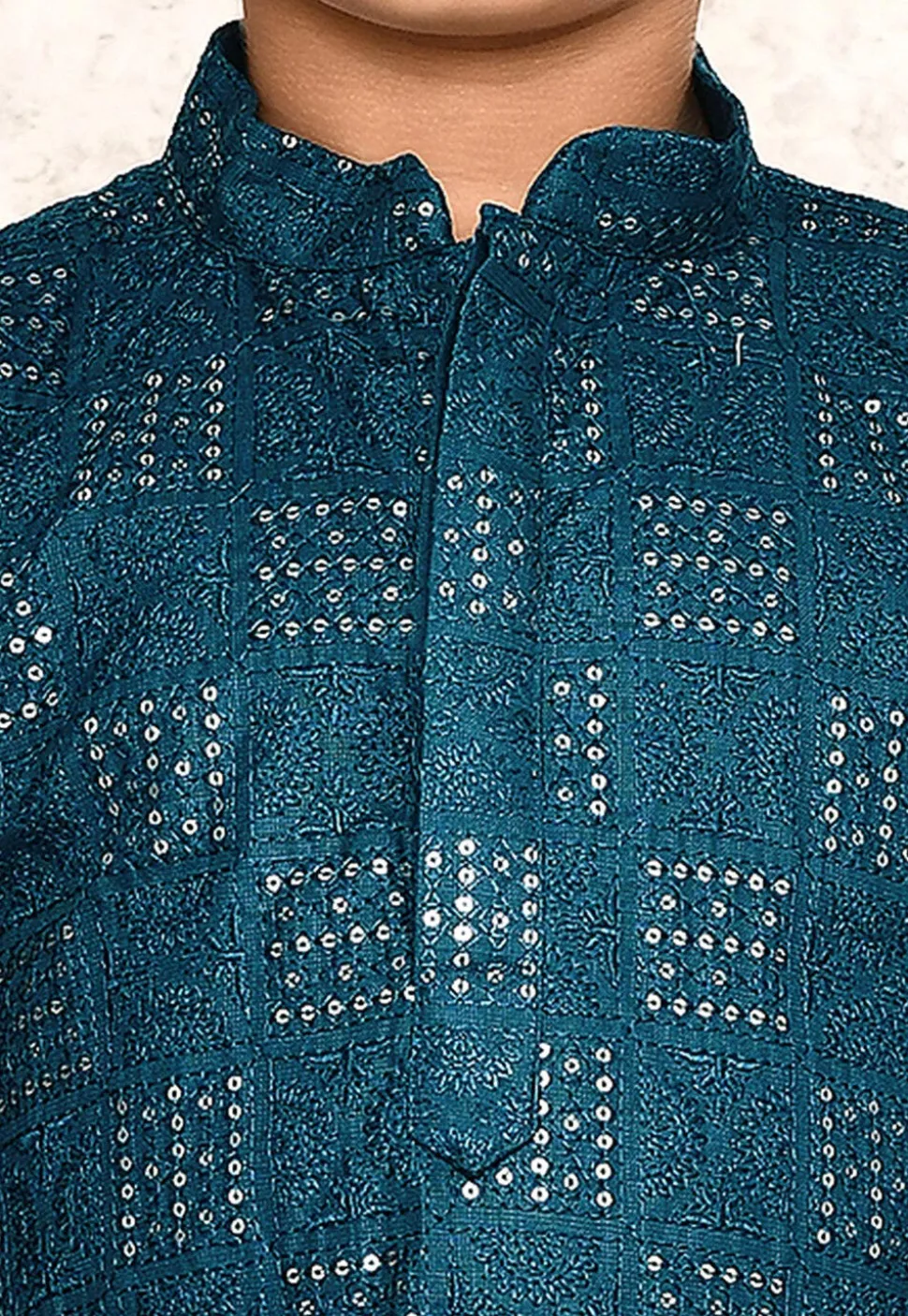Embroidered Cotton Kurta Set in Teal Blue