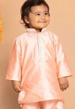 Embroidered Cotton Kurta in Peach