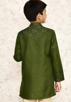 Embroidered Cotton Kurta in Olive Green