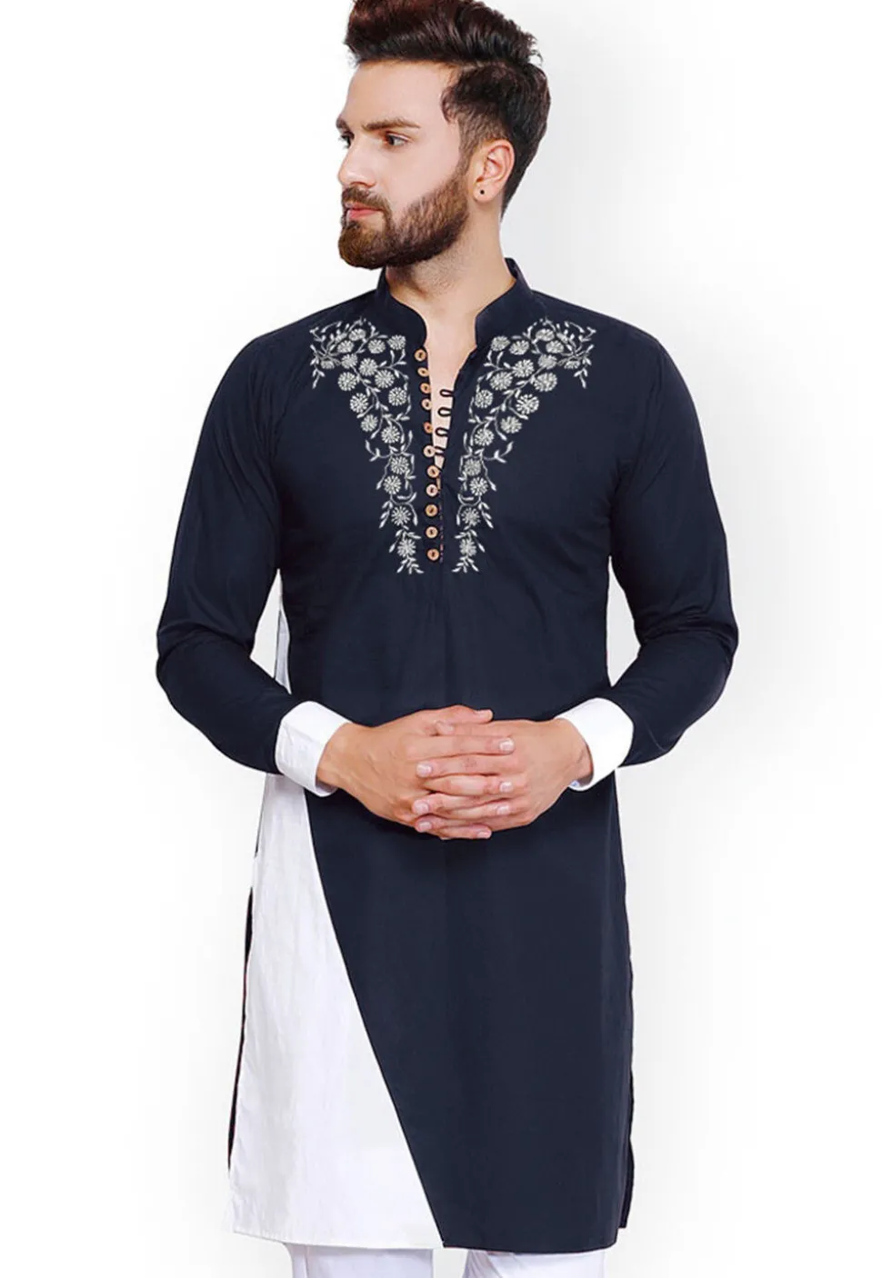 Embroidered Cotton Kurta in Navy Blue