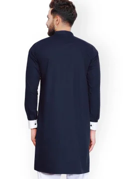 Embroidered Cotton Kurta in Navy Blue
