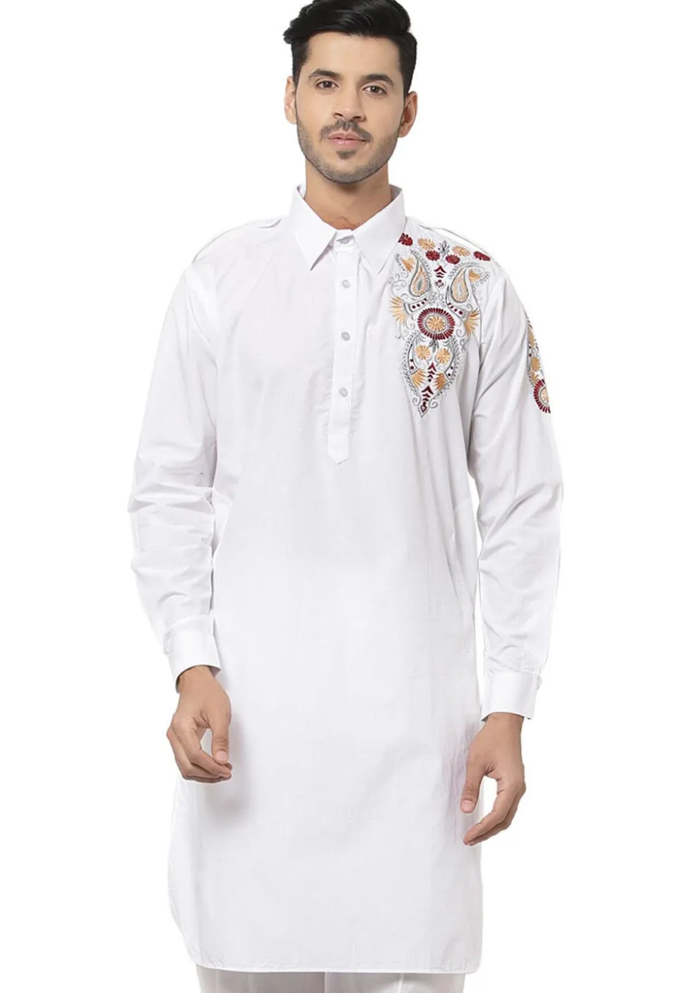 Embroidered Cotton Kurta in White