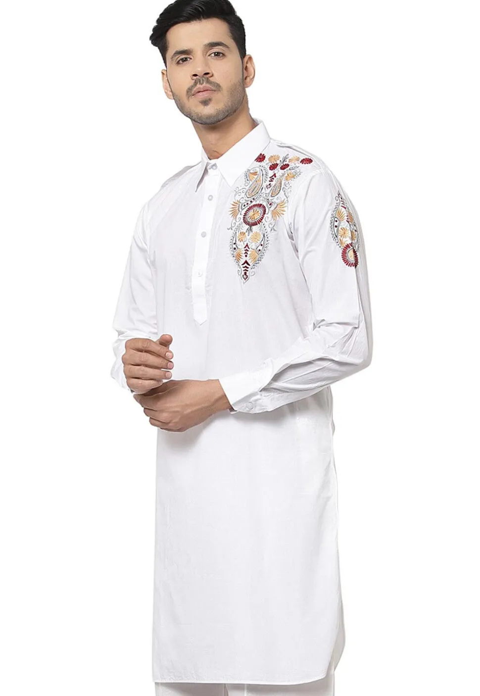 Embroidered Cotton Kurta in White