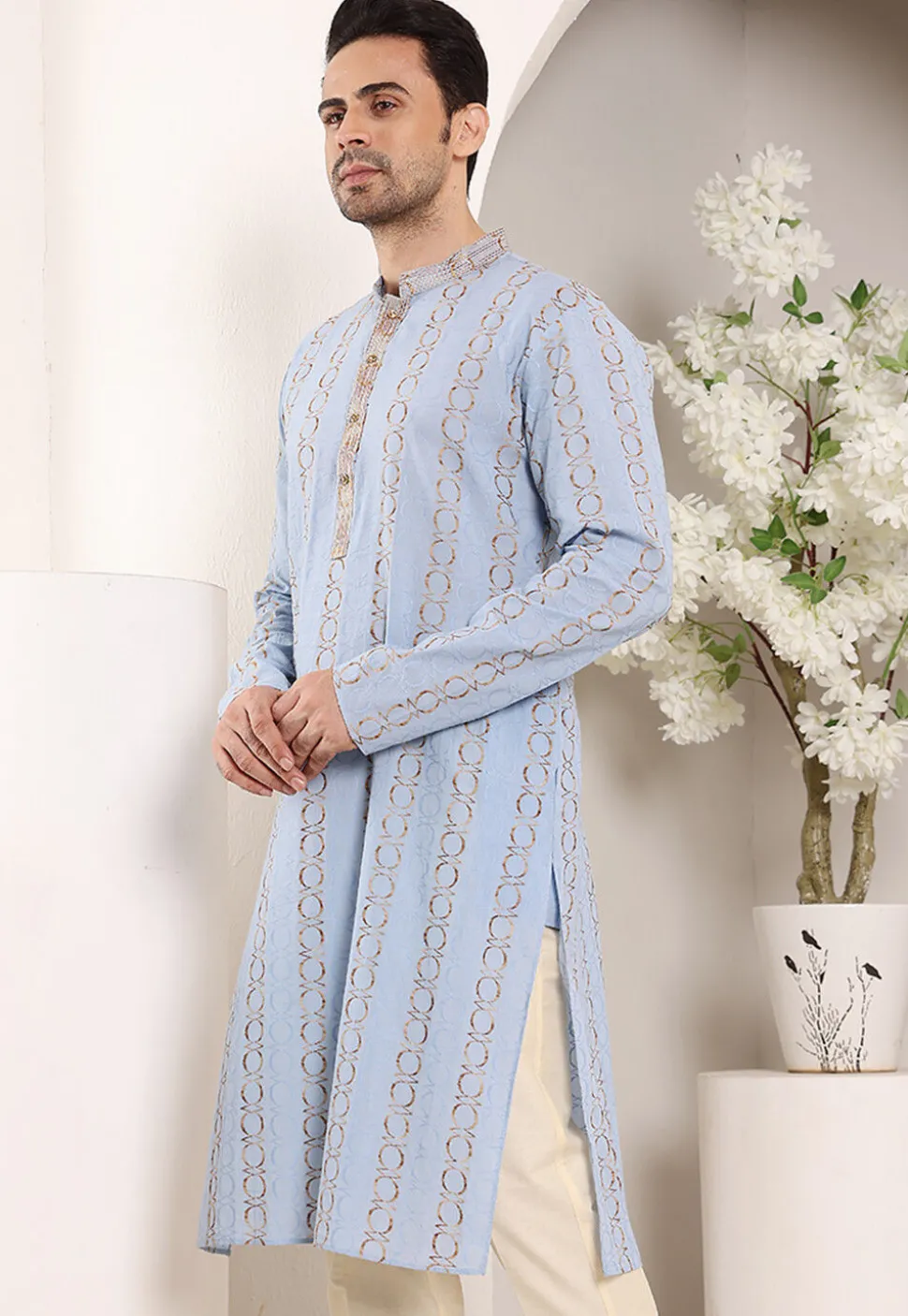 Embroidered Cotton Kurta in Sky Blue