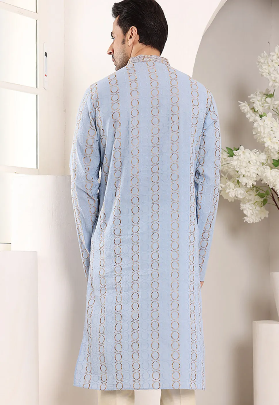 Embroidered Cotton Kurta in Sky Blue