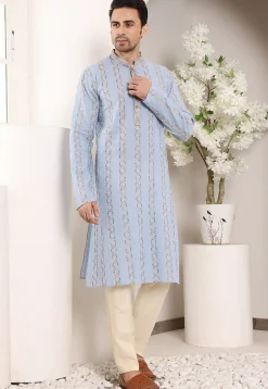 Embroidered Cotton Kurta in Sky Blue