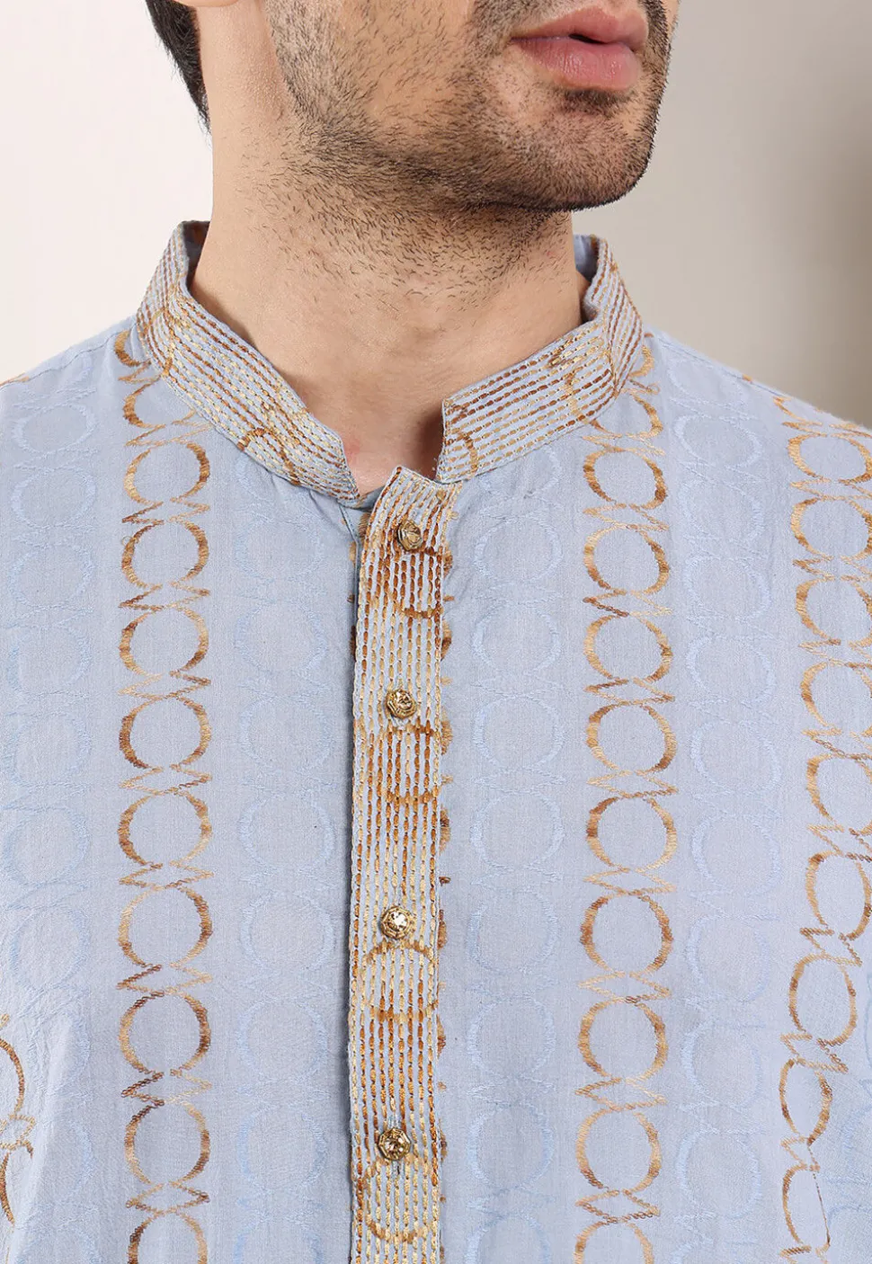 Embroidered Cotton Kurta in Sky Blue