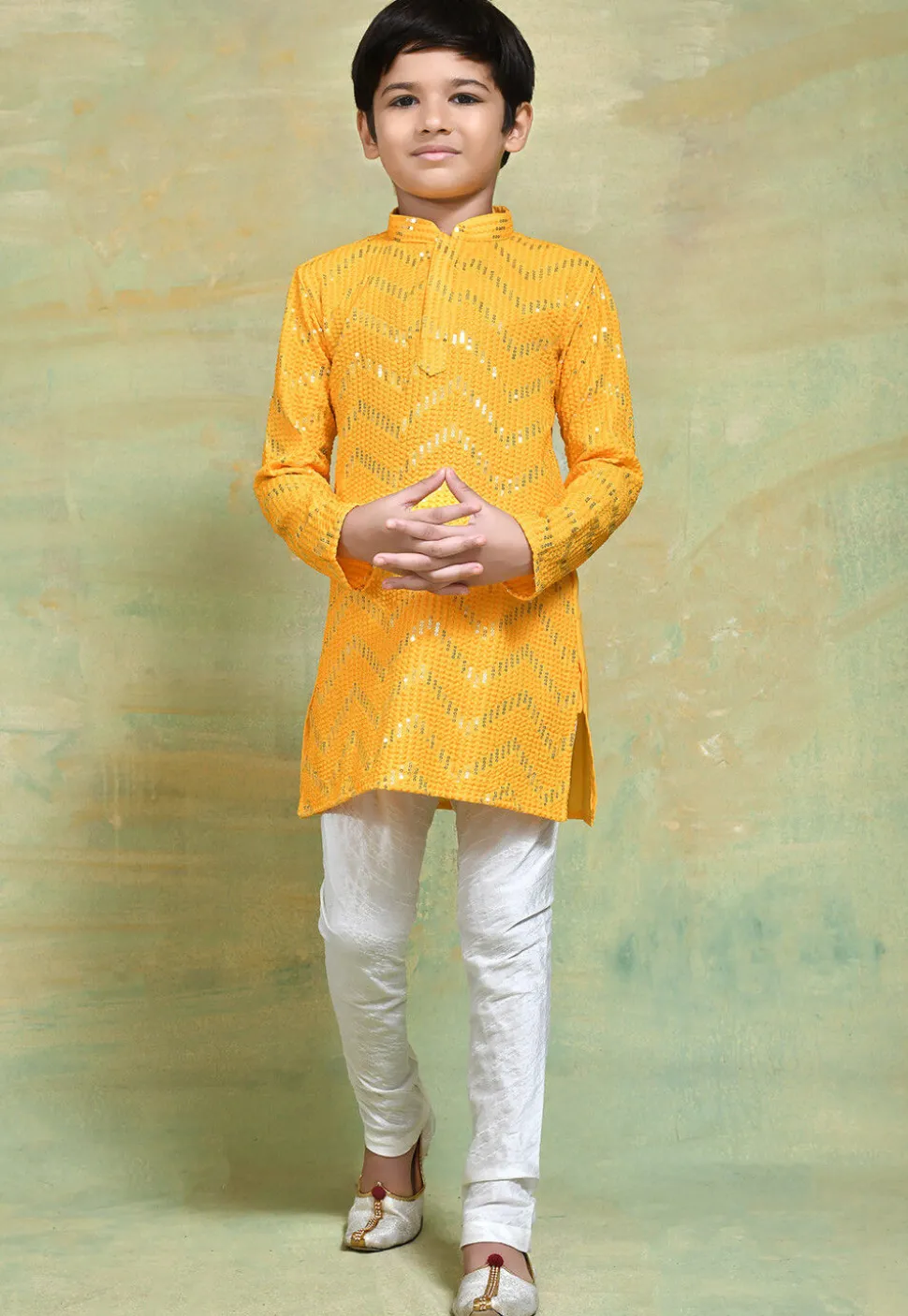 Embroidered Cotton Kurta Set in Yellow