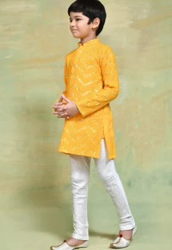 Embroidered Cotton Kurta Set in Yellow