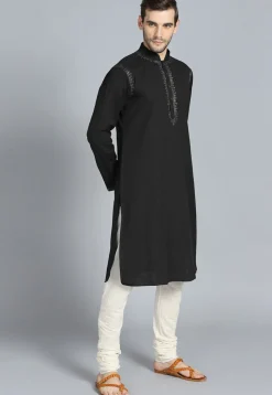Embroidered Cotton Kurta Set in Black