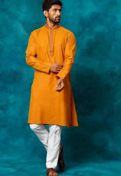 Embroidered Cotton Kurta Set in Mustard
