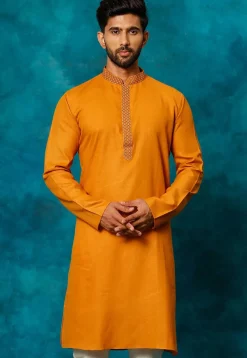Embroidered Cotton Kurta Set in Mustard