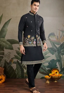 Embroidered Cotton Kurta with Jacket in Black