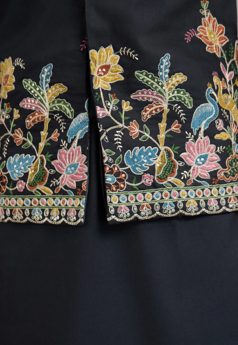Embroidered Cotton Kurta with Jacket in Black