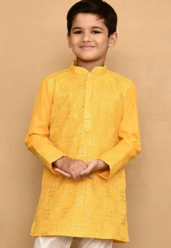 Embroidered Cotton Kurta in Yellow