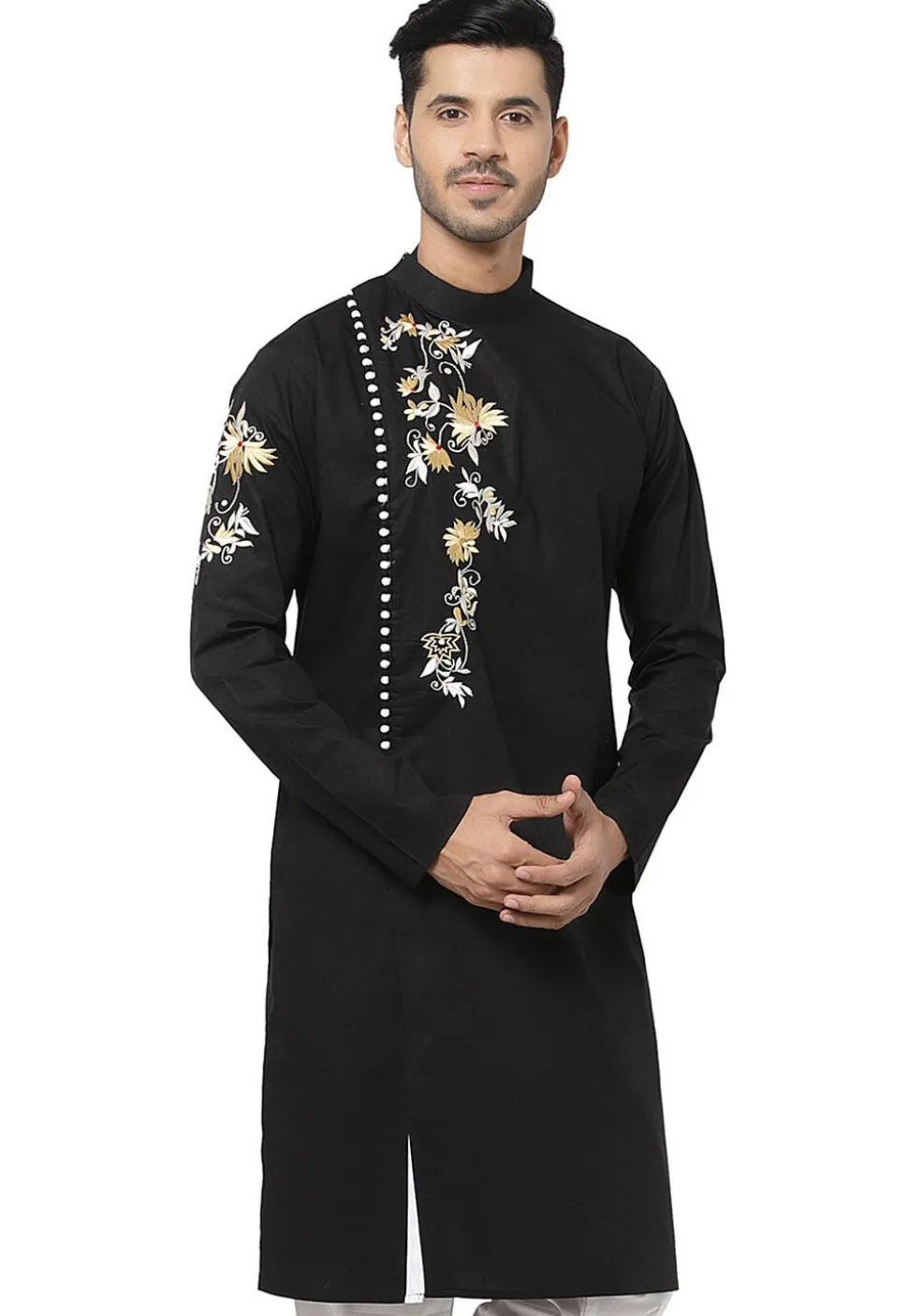 Embroidered Cotton Kurta in Black