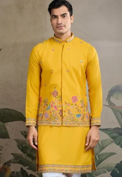 Embroidered Cotton Kurta with Jacket in Yellow