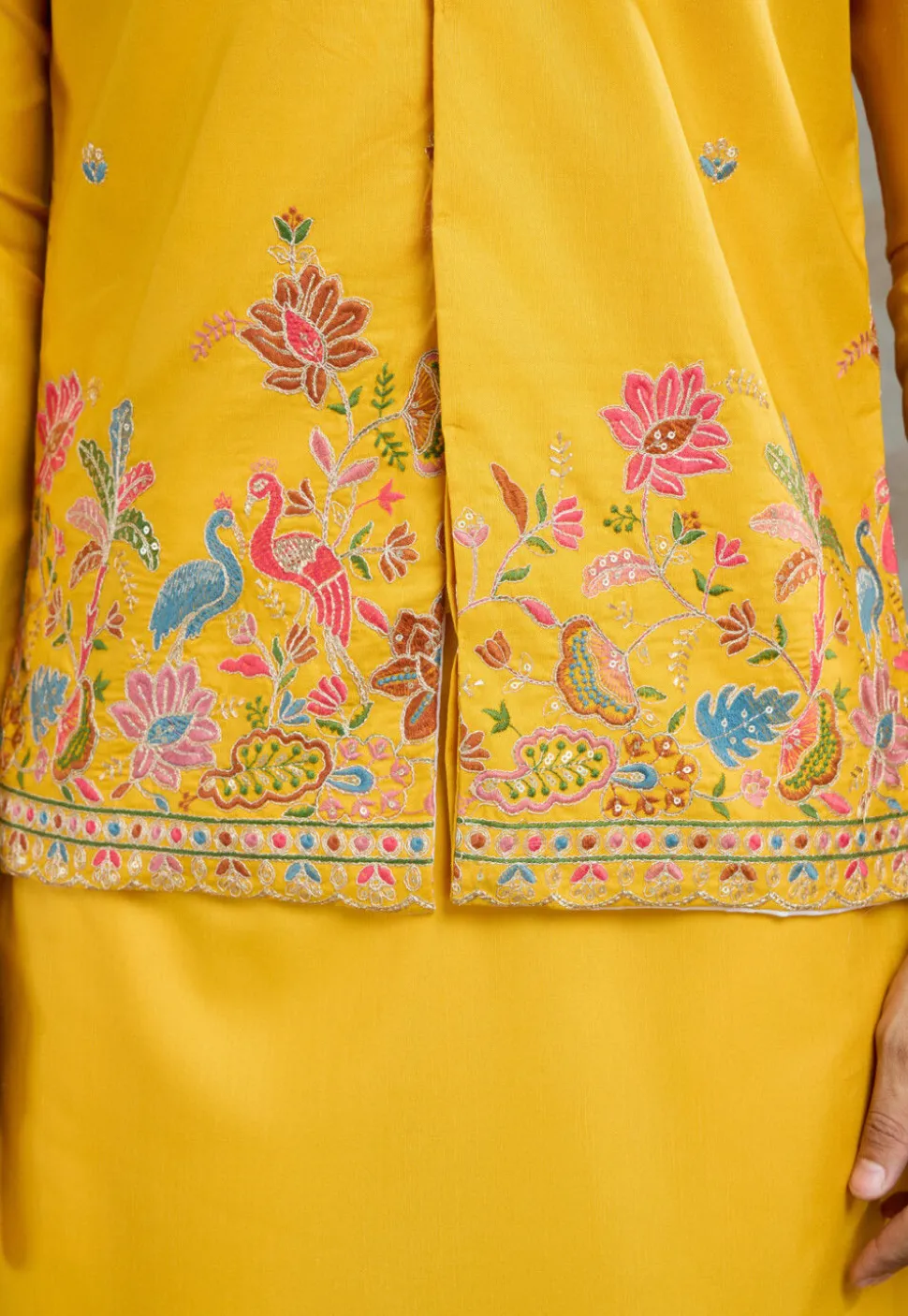 Embroidered Cotton Kurta with Jacket in Yellow