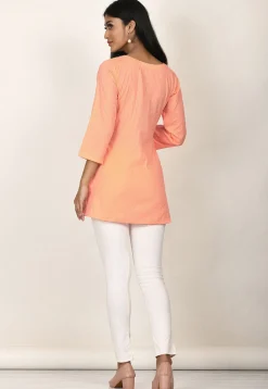 Embroidered Cotton Kurti in Peach