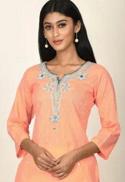 Embroidered Cotton Kurti in Peach