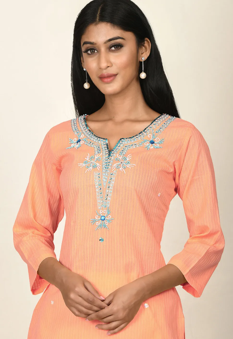 Embroidered Cotton Kurti in Peach