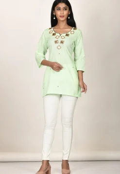 Embroidered Cotton Kurti in Light Green