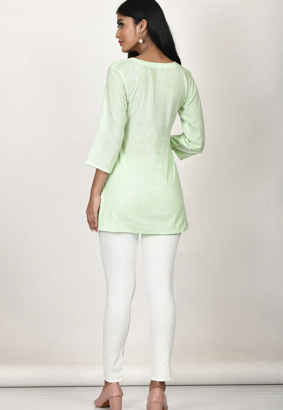 Embroidered Cotton Kurti in Light Green