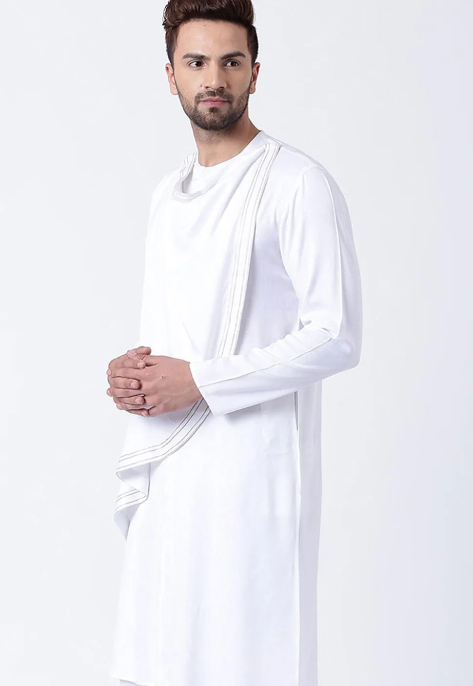 Embroidered Cotton Layered Kurta in White