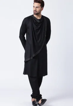 Embroidered Cotton Layered Kurta Set in Black