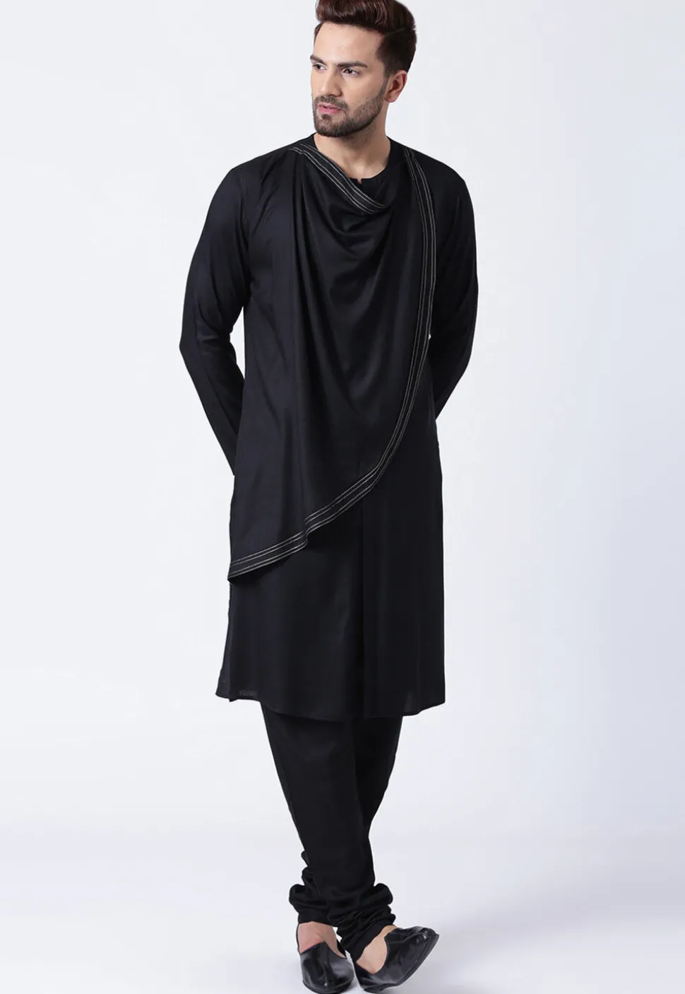Embroidered Cotton Layered Kurta Set in Black