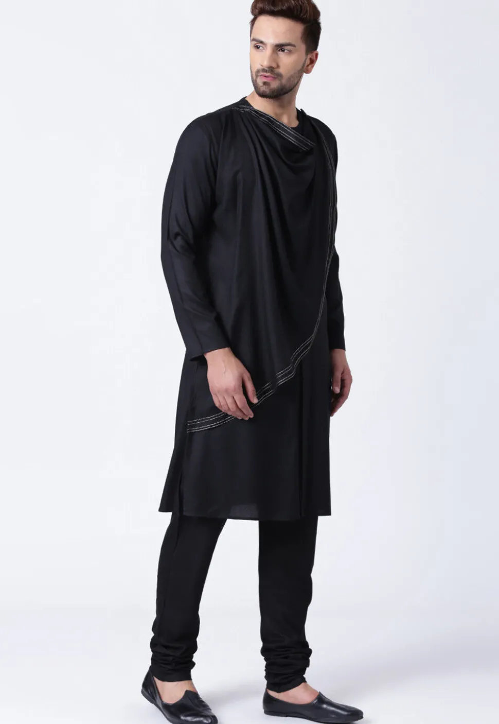 Embroidered Cotton Layered Kurta Set in Black